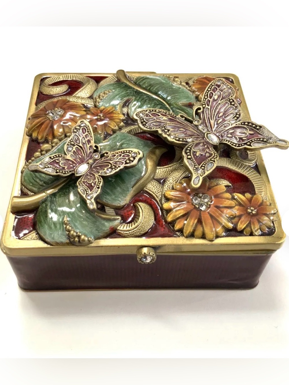 The Bombay Company Enameled Trinket Jewelry Box Mirror Velvet Interior Vintage